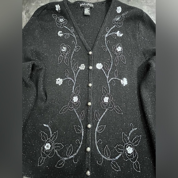 Work In Progress Black Cardigan Sequins Shimmer Holiday Vintage Inspired Large - Picture 4 of 8